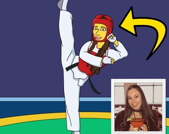 Op de afbeelding: Een cartoonillustratie van een persoon die een rode hoofdbeschermer en een wit martial arts-uniform draagt ​​en een hoge trap uitvoert. De persoon staat op een groene mat met een gele rand. Op de achtergrond is een foto te zien van een persoon die een drankje vasthoudt.