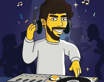 DJ Geschenk - Personalisiertes Portrait von Ihrem Foto als gelber Cartoon Charakter / DJ Geschenk Idee / lustiges dj Geschenk / dj Karikatur / benutzerdefinierte dj Geschenk