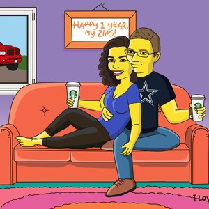 May include: A cartoon illustration of a couple sitting on an orange couch. The woman is wearing a blue shirt and the man is wearing a black shirt with a star on it. They are both holding a green and white coffee cup. The text "Happy 1 year, my Zing!" is on a framed picture behind them. The text "I love you" is on the rug in front of the couch.