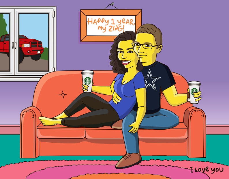 May include: A cartoon illustration of a couple sitting on an orange couch. The woman is wearing a blue shirt and the man is wearing a black shirt with a star on it. They are both holding a green and white coffee cup. The text "Happy 1 year, my Zing!" is on a framed picture behind them. The text "I love you" is on the rug in front of the couch.