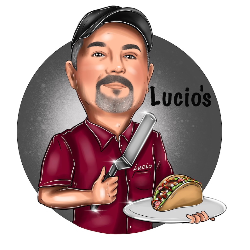 May include: A cartoon illustration of a man with a mustache and a red shirt holding a knife and a plate with a taco on it. The text "Lucio's" is written in white on a gray background.