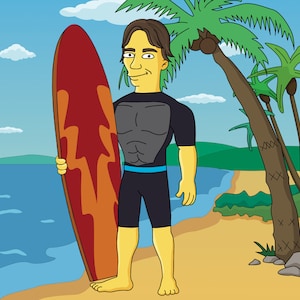 May include: A cartoon illustration of a person holding a surfboard on a beach with palm trees in the background.