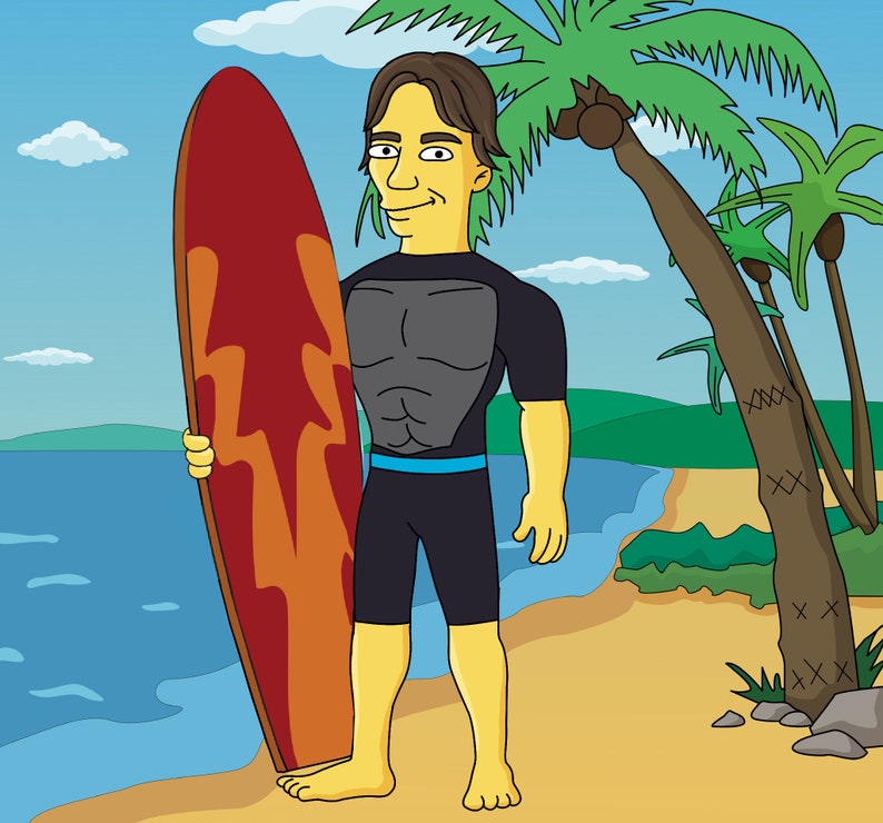 May include: A cartoon illustration of a person holding a surfboard on a beach with palm trees in the background.