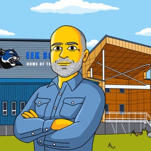 May include: A cartoon illustration of a man with a beard standing in front of a school building. The school building has a sign that says "EEK School, Home of the Panthers".