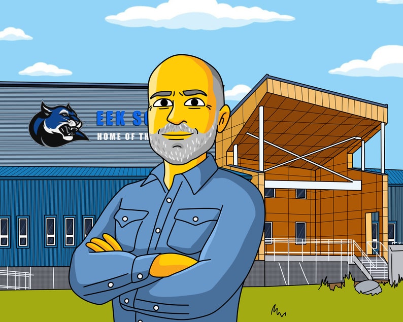 May include: A cartoon illustration of a man with a beard standing in front of a school building. The school building has a sign that says "EEK School, Home of the Panthers".