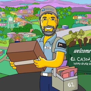 Regalo de cartero: retrato personalizado como personaje de dibujos animados amarillo, regalo de trabajador postal, camión de correo