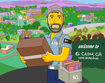 Può includere: Un'illustrazione di un fattorino che consegna pacchi in un piccolo paese. Il fattorino indossa un'uniforme blu con una camicia gialla e un berretto blu con le parole "United States Postal Service". Il fattorino tiene un pacco marrone e ha una borsa di posta sulla schiena. Il fattorino è in piedi davanti a un cartello che dice "Benvenuti a El Cajon, CA Wind River Road".
