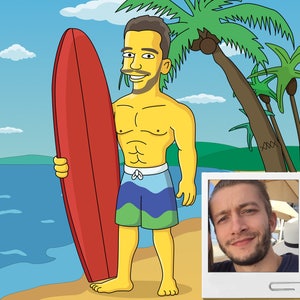 May include: A cartoon illustration of a person holding a red surfboard on a beach with palm trees in the background.