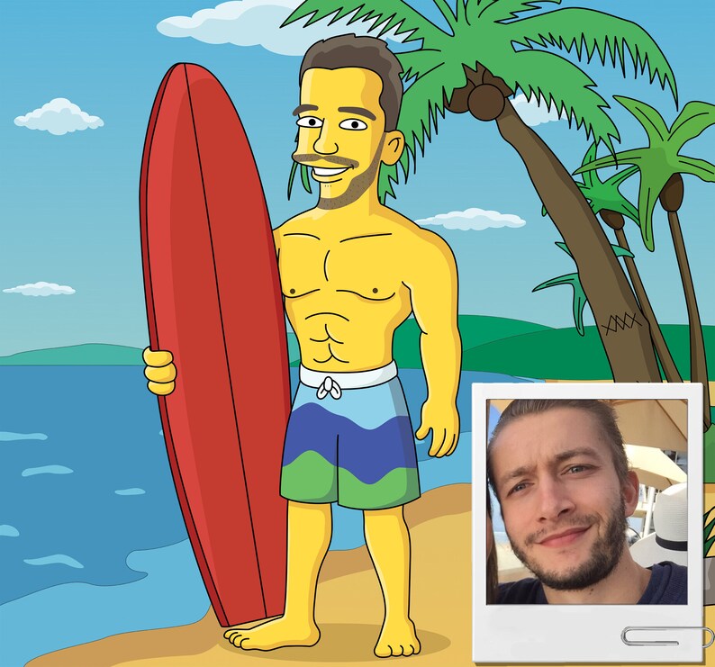 May include: A cartoon illustration of a person holding a red surfboard on a beach with palm trees in the background.