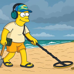 May include: Cartoon illustration of a yellow character metal detecting on a beach. The character wears a blue cap, headphones, and orange shorts. A lifeguard tower is in the background, and the character is holding a shovel and a metal detector.