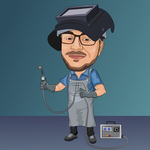 May include: A cartoon illustration of a welder wearing a welding mask, gloves, and a blue shirt with overalls. The welder is holding a welding torch and standing next to a welding machine.