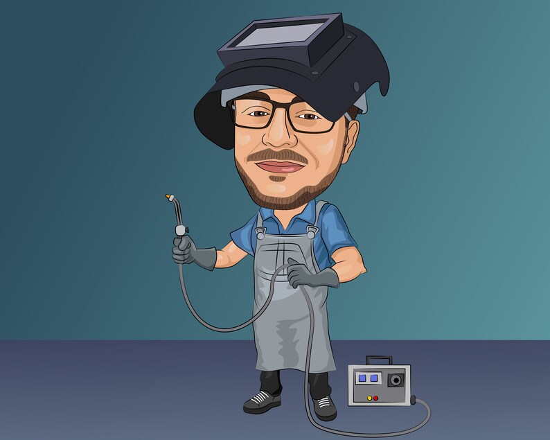 May include: A cartoon illustration of a welder wearing a welding mask, gloves, and a blue shirt with overalls. The welder is holding a welding torch and standing next to a welding machine.