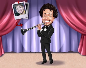 Ritratto caricaturale personalizzato di un suonatore di clarinetto: regalo unico per musicista (file digitale)
