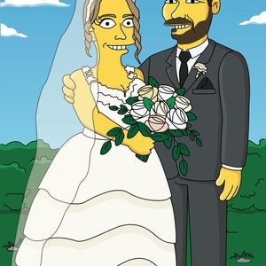 May include: A cartoon illustration of a bride and groom in yellow skin tones. The bride is wearing a white wedding dress with a veil and holding a bouquet of white roses. The groom is wearing a gray suit with a black tie and a white shirt. The background is a blue sky with white clouds and green grass.