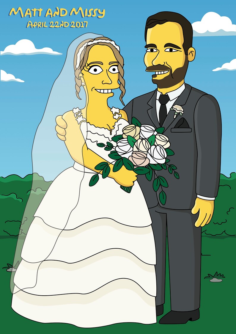 May include: A cartoon illustration of a bride and groom in yellow skin tones. The bride is wearing a white wedding dress with a veil and holding a bouquet of white roses. The groom is wearing a gray suit with a black tie and a white shirt. The background is a blue sky with white clouds and green grass.