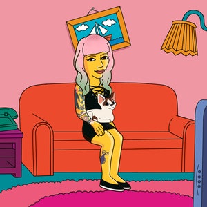 May include: A woman with pink hair and tattoos sits on an orange couch with a white cat in her lap. She is wearing a black dress and yellow tights. The room is decorated with a picture of a sailboat and a lamp with a yellow shade.