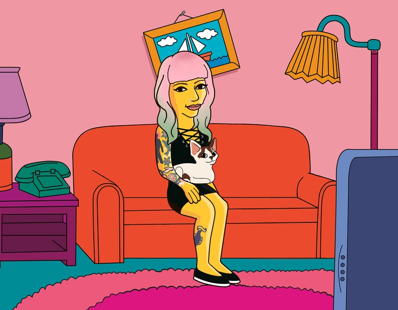 May include: A woman with pink hair and tattoos sits on an orange couch with a white cat in her lap. She is wearing a black dress and yellow tights. The room is decorated with a picture of a sailboat and a lamp with a yellow shade.