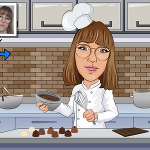 May include: A cartoon illustration of a woman wearing a white chef's hat and glasses, holding a bowl of chocolate and a whisk. She is standing in a kitchen with a brick wall, a counter, and a variety of chocolate treats on the counter.