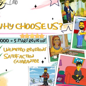 May include: A colourful graphic with the text "WHY CHOOSE US?" and "8000+ 5 STARS REVIEWS".  There are tick marks next to the text "Unlimited Revisions" and "Satisfaction Guarantee".  The graphic features cartoon illustrations of people in various settings.
