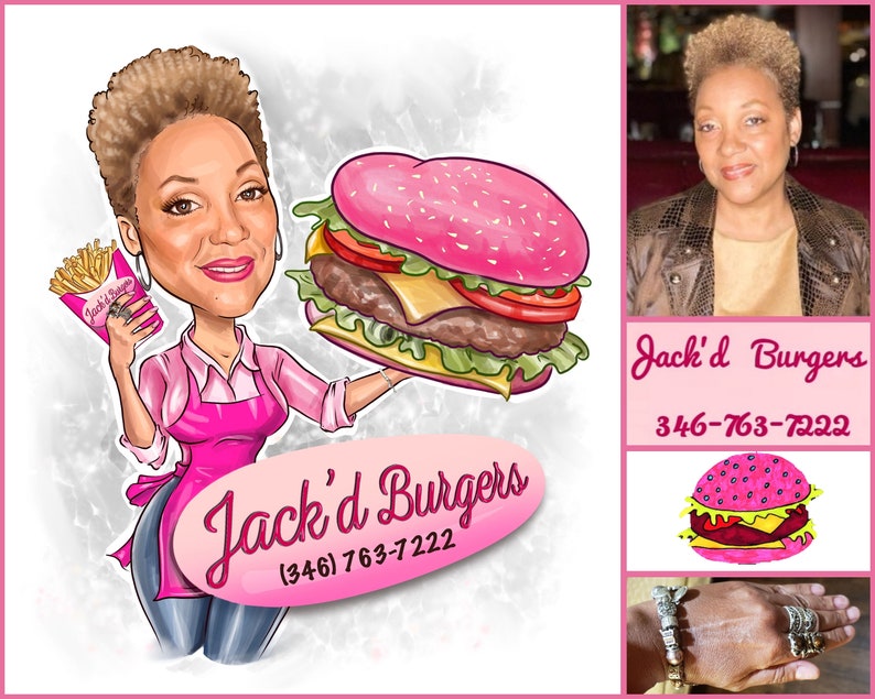 May include: A cartoon illustration of a woman holding a pink burger with a pink bun and a green lettuce leaf. The burger is topped with a yellow cheese slice, a red tomato slice, and a brown patty. The woman is wearing a pink apron and a pink shirt. The text "Jack'd Burgers (346) 763-7222" is written below the burger.