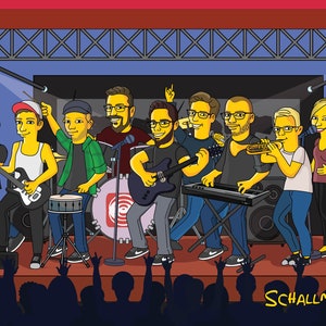 May include: A cartoon band of nine people performing on stage. The band members are playing instruments including a saxophone, guitar, keyboard, trumpet, and microphones. The stage is decorated with a red and yellow backdrop and the band's name "SCHALLMEISTER" is written in white letters on the bottom right corner.