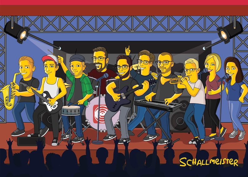 May include: A cartoon band of nine people performing on stage. The band members are playing instruments including a saxophone, guitar, keyboard, trumpet, and microphones. The stage is decorated with a red and yellow backdrop and the band's name "SCHALLMEISTER" is written in white letters on the bottom right corner.
