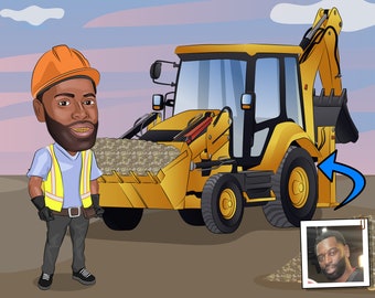 Custom Backhoe Operator Caricature Portrait From Photo (Digital File)