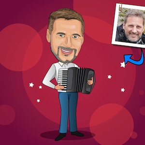 Presente para acordeonista - retrato de desenho animado personalizado/presente para tocador de acordeão