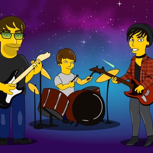 May include: A three-person band playing music in a space-themed setting. The band consists of a guitarist, a drummer, and a bassist. The guitarist is wearing a black shirt and blue jeans. The drummer is wearing a white shirt and blue jeans. The bassist is wearing a red and black plaid shirt and black pants. The band is playing in front of a purple and blue background with stars.