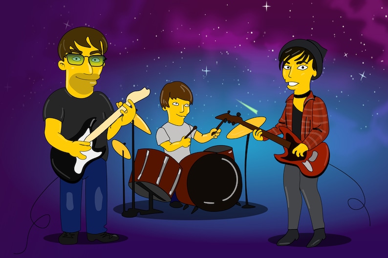 May include: A three-person band playing music in a space-themed setting. The band consists of a guitarist, a drummer, and a bassist. The guitarist is wearing a black shirt and blue jeans. The drummer is wearing a white shirt and blue jeans. The bassist is wearing a red and black plaid shirt and black pants. The band is playing in front of a purple and blue background with stars.