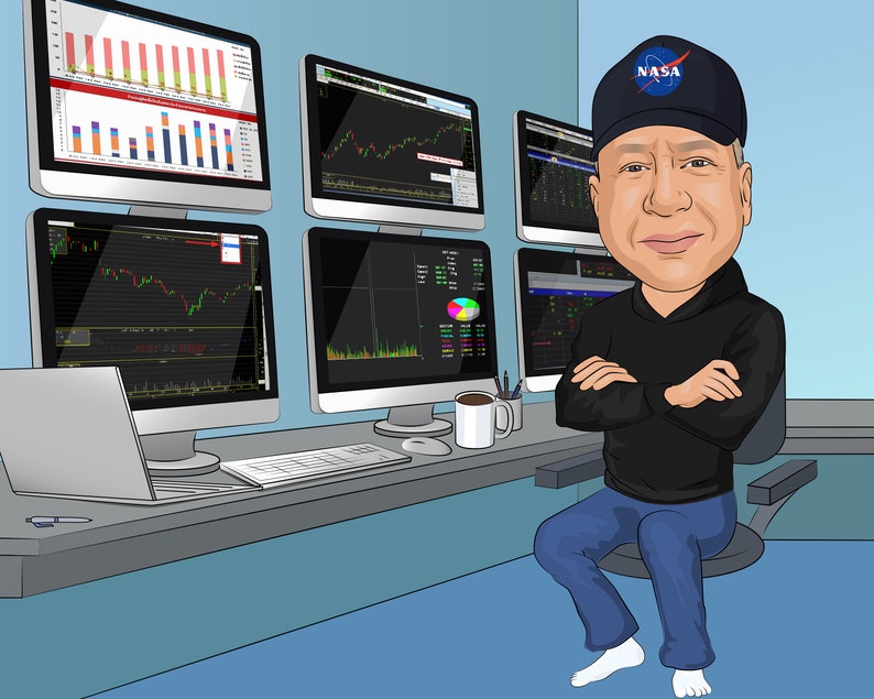 Puede incluir: Una ilustraci&oacute;n de dibujos animados de una persona que lleva una sudadera con capucha negra y una gorra de b&eacute;isbol azul con el logotipo de la NASA. La persona est&aacute; sentada frente a un escritorio con varios monitores de computadora que muestran gr&aacute;ficos y tablas del mercado de valores. La persona tiene los brazos cruzados y mira a la c&aacute;mara.