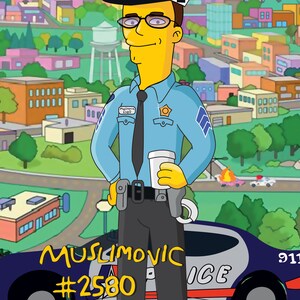 May include: A cartoon police officer with yellow skin, wearing a blue uniform, a black tie, a black belt with a gun holster, a black hat with a checkerboard pattern, and glasses. The officer is holding a white cup and standing in front of a blue and black police car with the text "MUSLIMOVIC #2580 ICE" on the side.