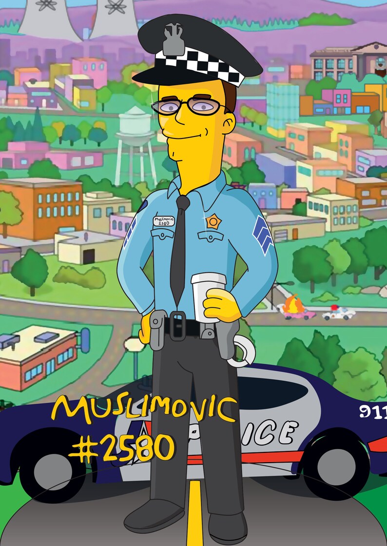 May include: A cartoon police officer with yellow skin, wearing a blue uniform, a black tie, a black belt with a gun holster, a black hat with a checkerboard pattern, and glasses. The officer is holding a white cup and standing in front of a blue and black police car with the text "MUSLIMOVIC #2580 ICE" on the side.