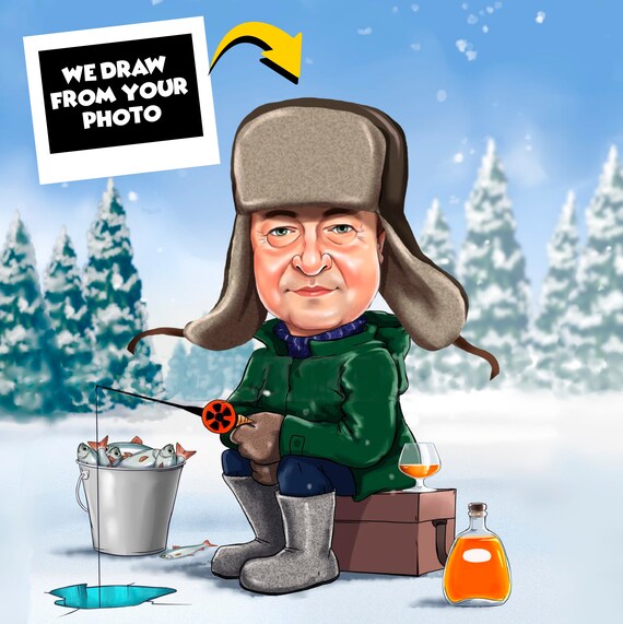 Ice Fishing Lover Gift - Custom Caricature From Photo, ice fisherman, winter fishing