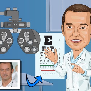 Prezent dla optometrysty - spersonalizowana karykatura ze zdjęcia / sztuka optometryczna