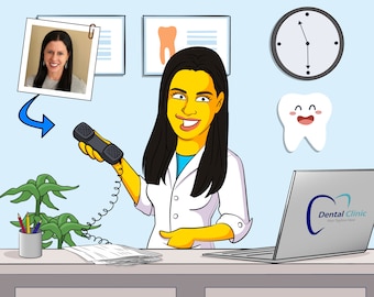 Regalo de recepcionista dental: retrato de dibujos animados personalizado, arte de pared dental