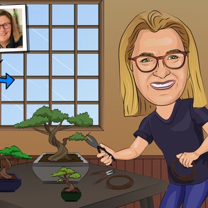May include: Cartoon illustration of a person with blonde hair and glasses, tending to bonsai trees. The person is holding pruning shears and wire. Three bonsai trees are on a table, each in a different pot. A photo of a woman is in the upper left corner.