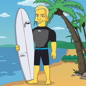 May include: A cartoon illustration of a person holding a white surfboard with a black and orange logo that says "Rusty Black Bird". The person is wearing a black wetsuit with a blue stripe and black shorts. The background is a beach scene with palm trees and blue water.