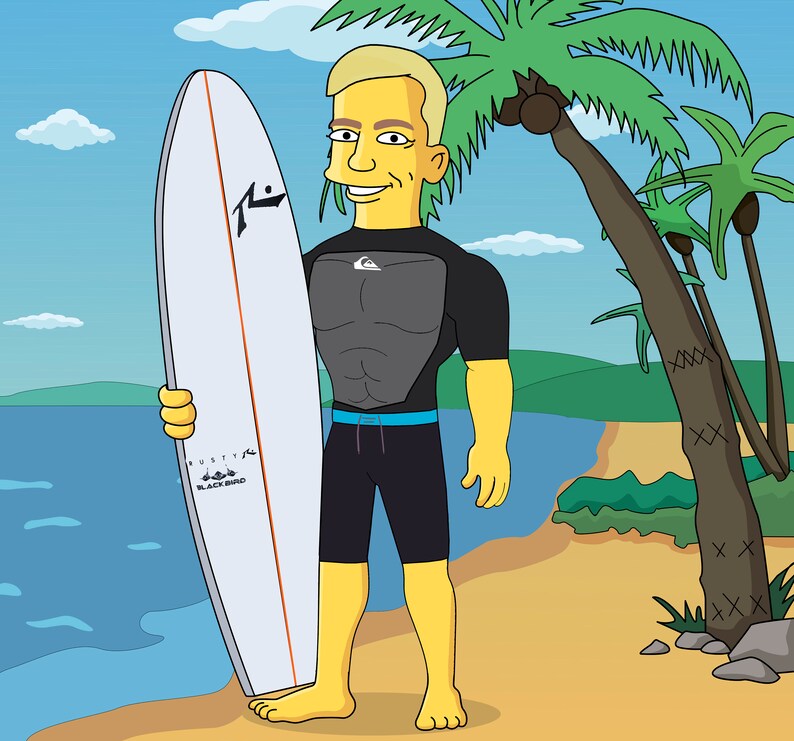 May include: A cartoon illustration of a person holding a white surfboard with a black and orange logo that says "Rusty Black Bird". The person is wearing a black wetsuit with a blue stripe and black shorts. The background is a beach scene with palm trees and blue water.