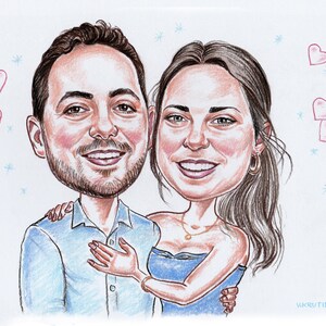 May include: A caricature drawing of a couple in love. The man is wearing a blue shirt and the woman is wearing a blue dress. They are surrounded by pink hearts and stars.