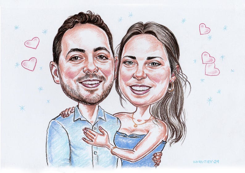 May include: A caricature drawing of a couple in love. The man is wearing a blue shirt and the woman is wearing a blue dress. They are surrounded by pink hearts and stars.