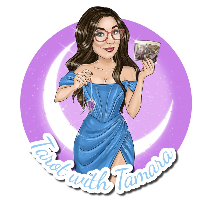 May include: A cartoon illustration of a woman with long brown hair wearing glasses and a blue dress. She is holding a pendulum and two tarot cards. The background is a purple circle with a white crescent moon. The text "Tarot with Tamara" is written in a white circle at the bottom of the image.