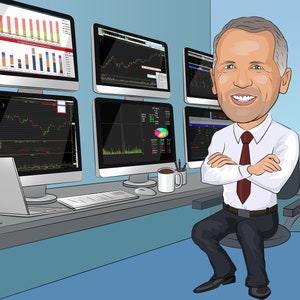 Puede incluir: Una ilustraci&oacute;n de dibujos animados de una persona sentada frente a varios monitores de computadora que muestran gr&aacute;ficos y tablas financieras. La persona lleva una camisa blanca y una corbata roja, y tiene los brazos cruzados.