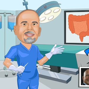Peut inclure: Un médecin de dessin animé en blouse bleue tient des ciseaux chirurgicaux et pointe vers un schéma des intestins humains. Le médecin a une grosse tête et une expression amicale. Le schéma est dans un cadre blanc et se trouve sur un mur bleu. Il y a une table de chirurgie en arrière-plan.