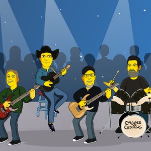 May include: A cartoon band with four members playing instruments on a stage. The band is called "Embree Crossing". The band members are wearing yellow skin and are playing a guitar, a guitar, a drum set, and a guitar.