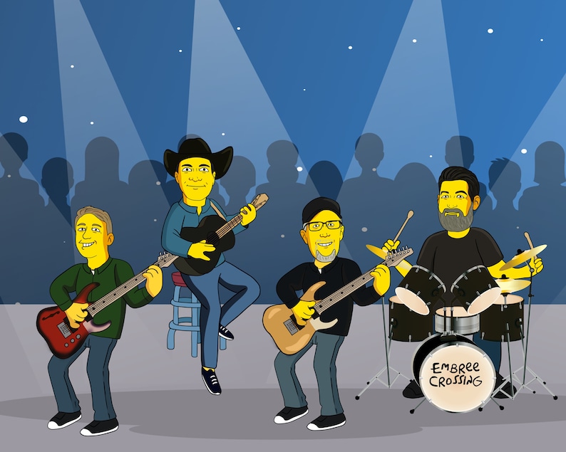 May include: A cartoon band with four members playing instruments on a stage. The band is called "Embree Crossing". The band members are wearing yellow skin and are playing a guitar, a guitar, a drum set, and a guitar.