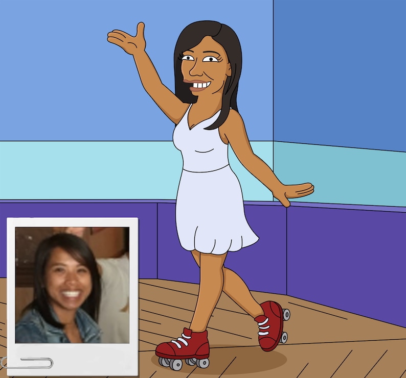 May include: A cartoon illustration of a woman wearing a white dress and red roller skates. She is smiling and has her arm raised in the air. The background is a blue and purple wall.