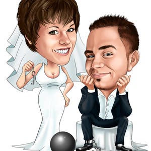 K&ouml;nnte beinhalten: Eine Karikatur einer Braut und eines Br&auml;utigams. Die Braut h&auml;lt einen Schl&uuml;ssel und tr&auml;gt ein wei&szlig;es Hochzeitskleid. Der Br&auml;utigam sitzt auf einem wei&szlig;en Podest mit einer Kette und einer schwarzen Kugel und Kette, die an seinem Kn&ouml;chel befestigt sind.