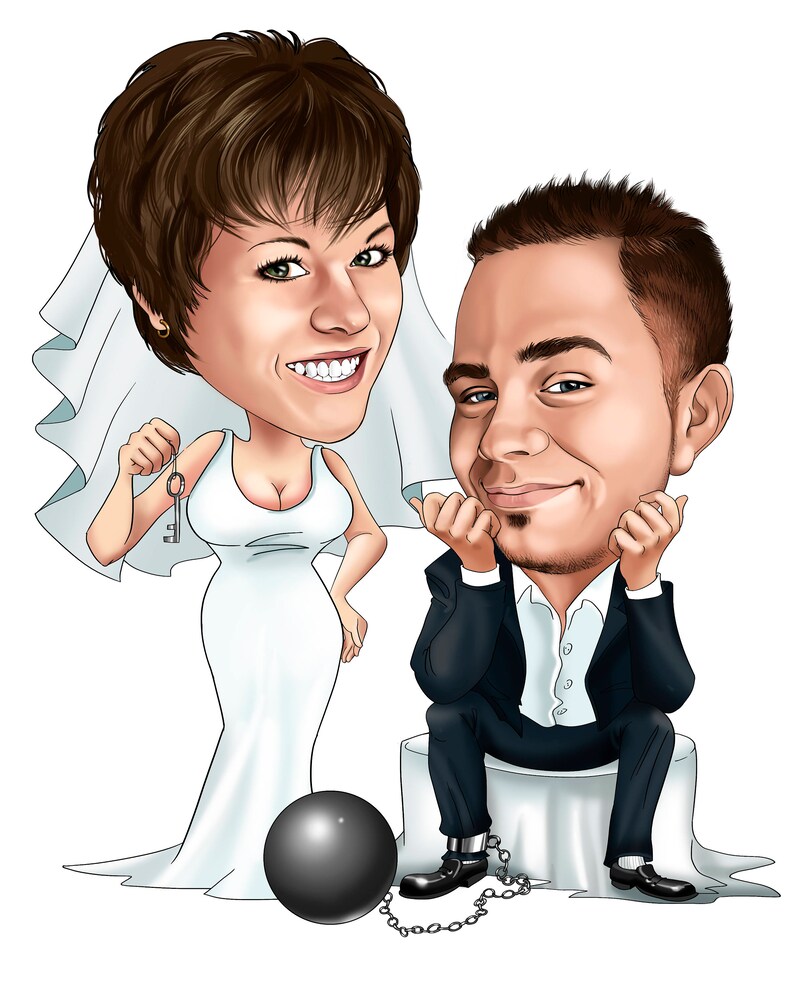 K&ouml;nnte beinhalten: Eine Karikatur einer Braut und eines Br&auml;utigams. Die Braut h&auml;lt einen Schl&uuml;ssel und tr&auml;gt ein wei&szlig;es Hochzeitskleid. Der Br&auml;utigam sitzt auf einem wei&szlig;en Podest mit einer Kette und einer schwarzen Kugel und Kette, die an seinem Kn&ouml;chel befestigt sind.