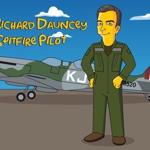 May include: Cartoon illustration of a man in a green flight suit standing in front of a Spitfire airplane. The text "Richard Dauncey Spitfire Pilot" is above the plane. The sky is blue with white clouds.
